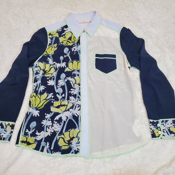 Tory Burch Navy Blue‎ Ivory Floral Colorblock Silk Button Collar Blouse Women 8 - Picture 1 of 9